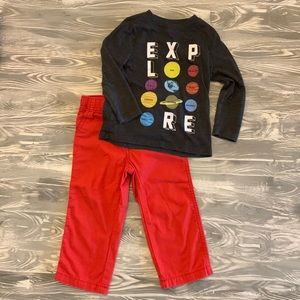 2T Boy’s: Carter’s Red Long Pants and Old Navy long Sleeve Graphic Shirt